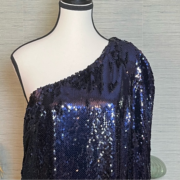REISS Eva Sequin Cape One Shoulder Mini Dress in Blue Size 8 Party Holiday - Picture 5 of 8